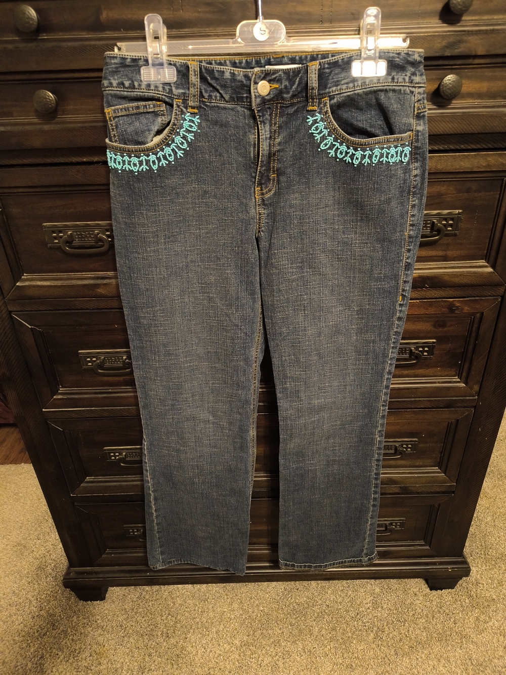 Ann Taylor Dark Blue Straight Leg Jeans with Turquoise Embroidery